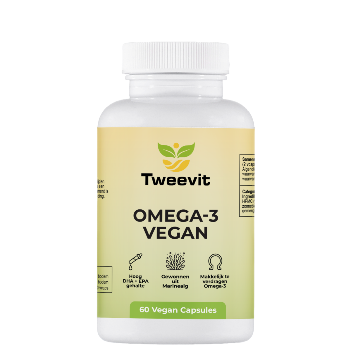 Tweevit Omega-3 Vegan pot met 60 capsules – plantaardige algenolie met DHA en EPA, duurzaam alternatief voor visolie, ondersteunt hart en hersenfunctie